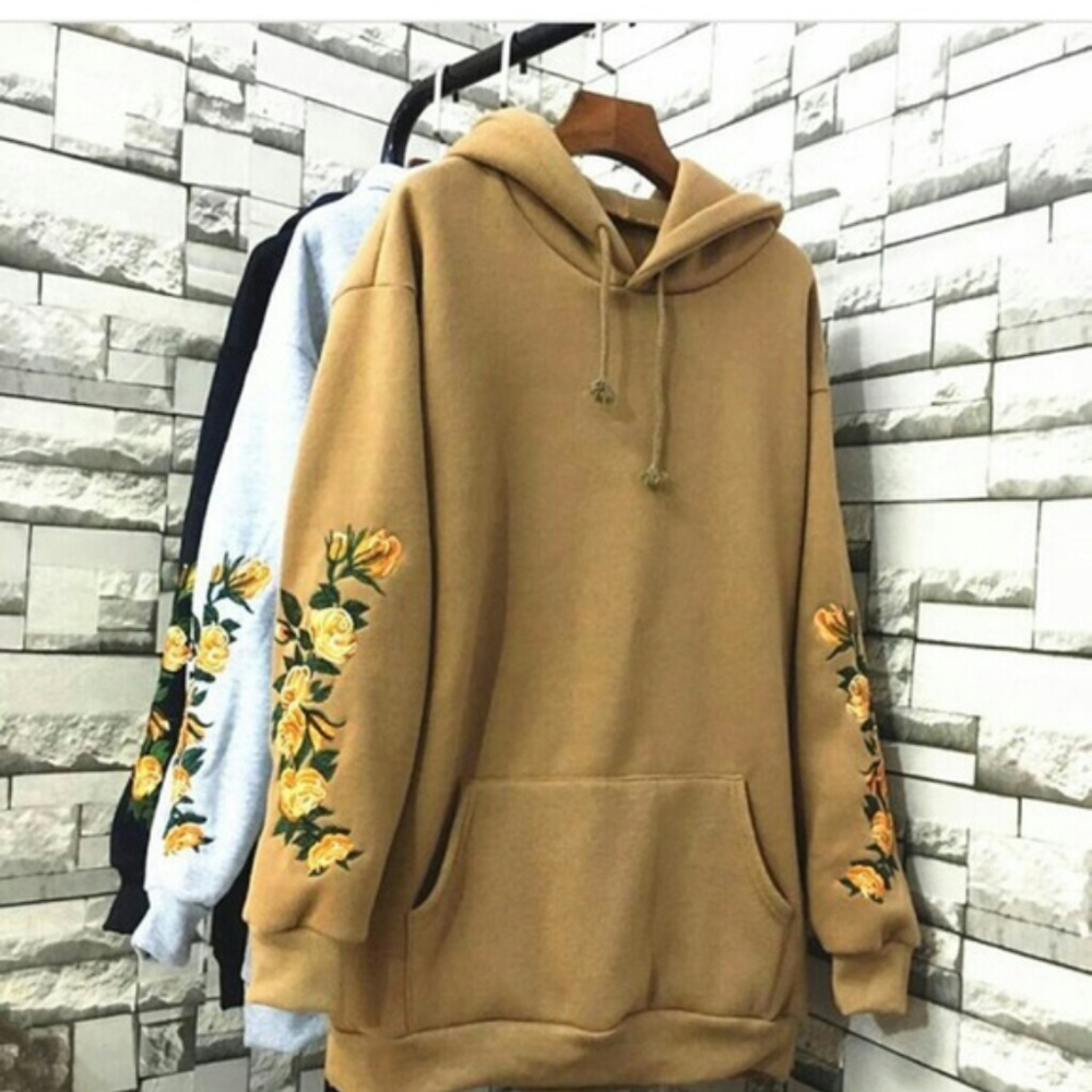 BROWN HOODIE WITH FLORAL SLEEVES NEW
